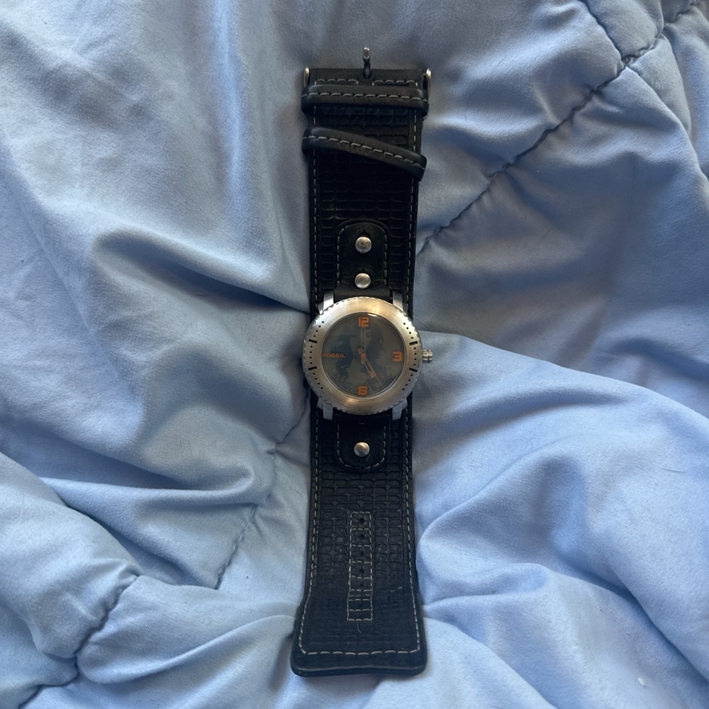 Fossil Black Leather Strap with Silver Buckle
